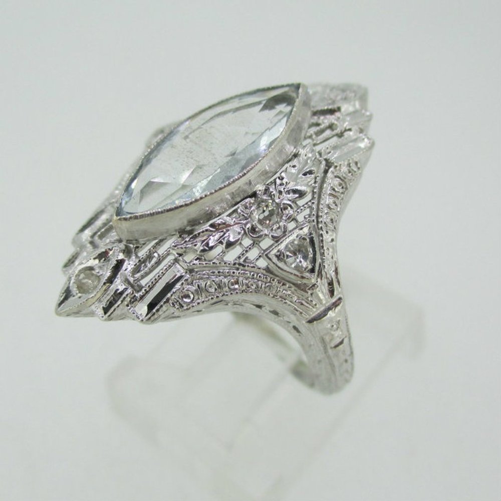 Vintage 18k White Gold Aquamarine with Diamond and Filigree Accents Size 6 3/4 - Picture 3 of 5